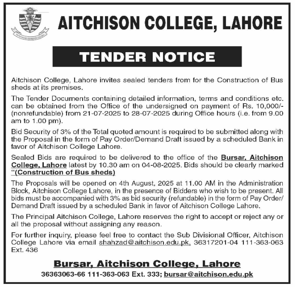 Aitchison College Lahore Tender Notice-1